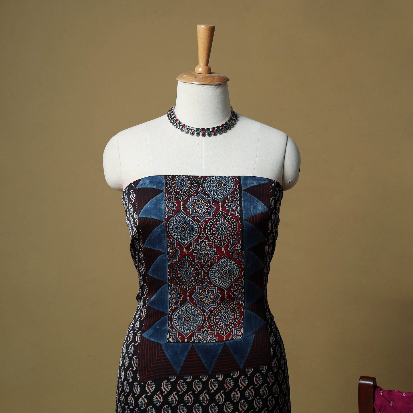 Ajrakh hand block print with bandhani modal silk natural