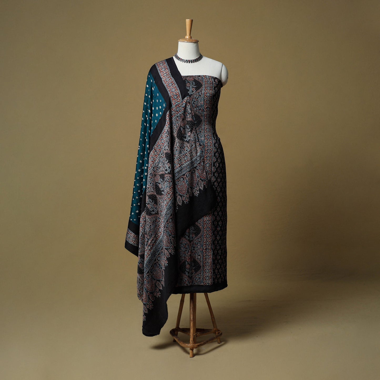 Ajrakh hand block print with bandhani modal silk natural