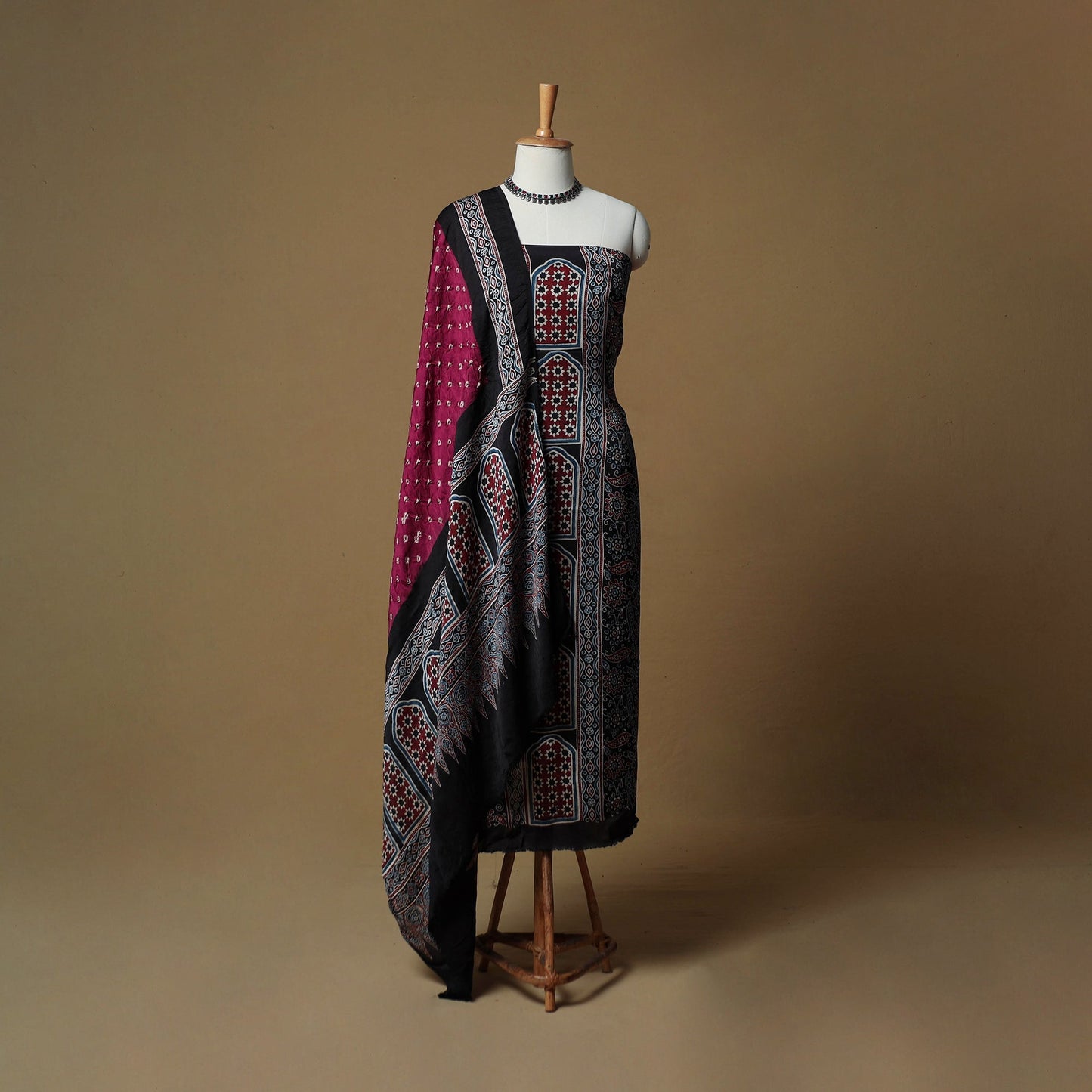 Ajrakh hand block print with bandhani modal silk natural