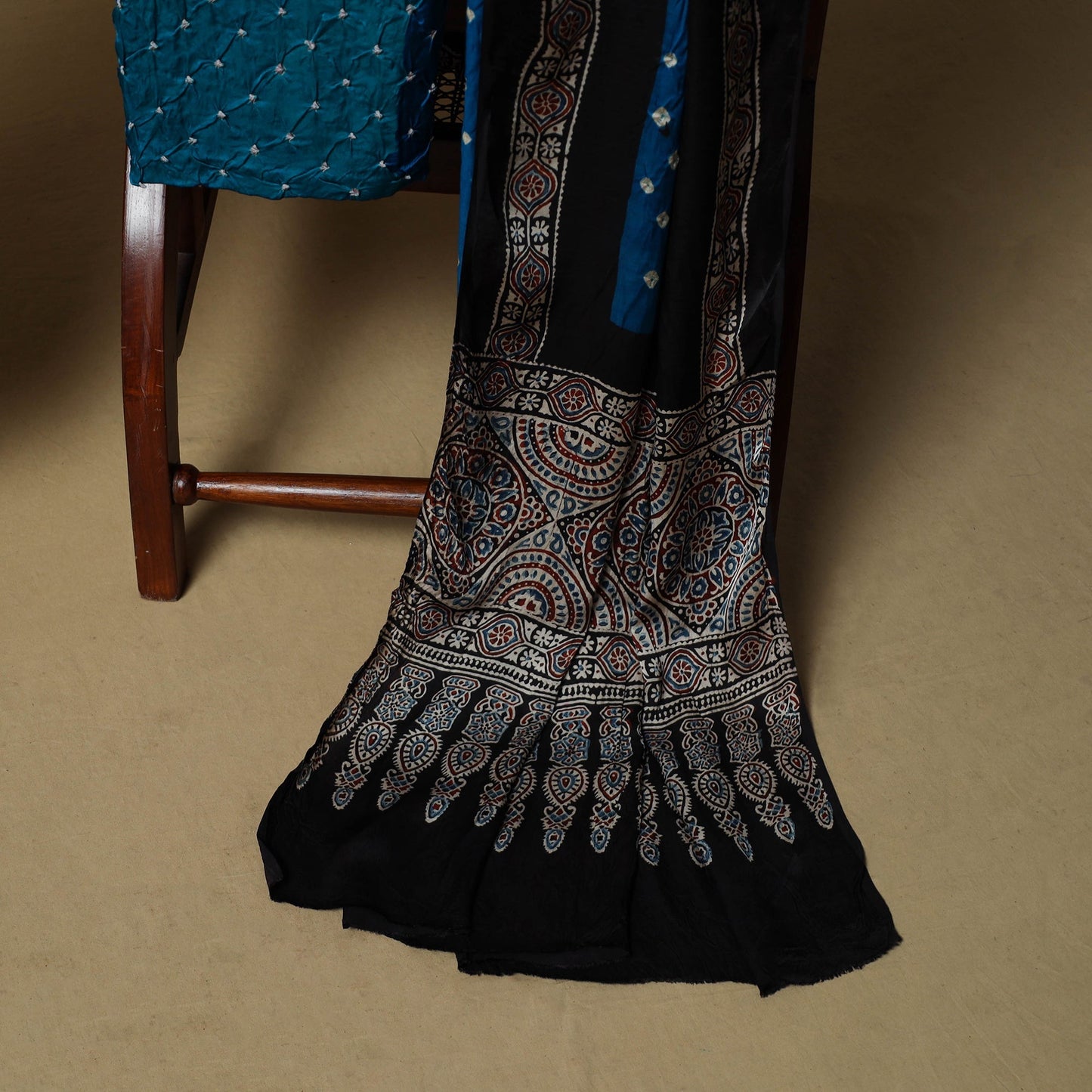 Ajrakh hand block print with bandhani modal silk natural