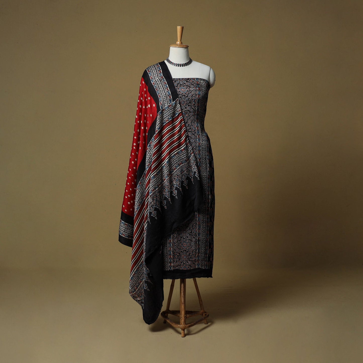 Ajrakh hand block print with bandhani modal silk natural
