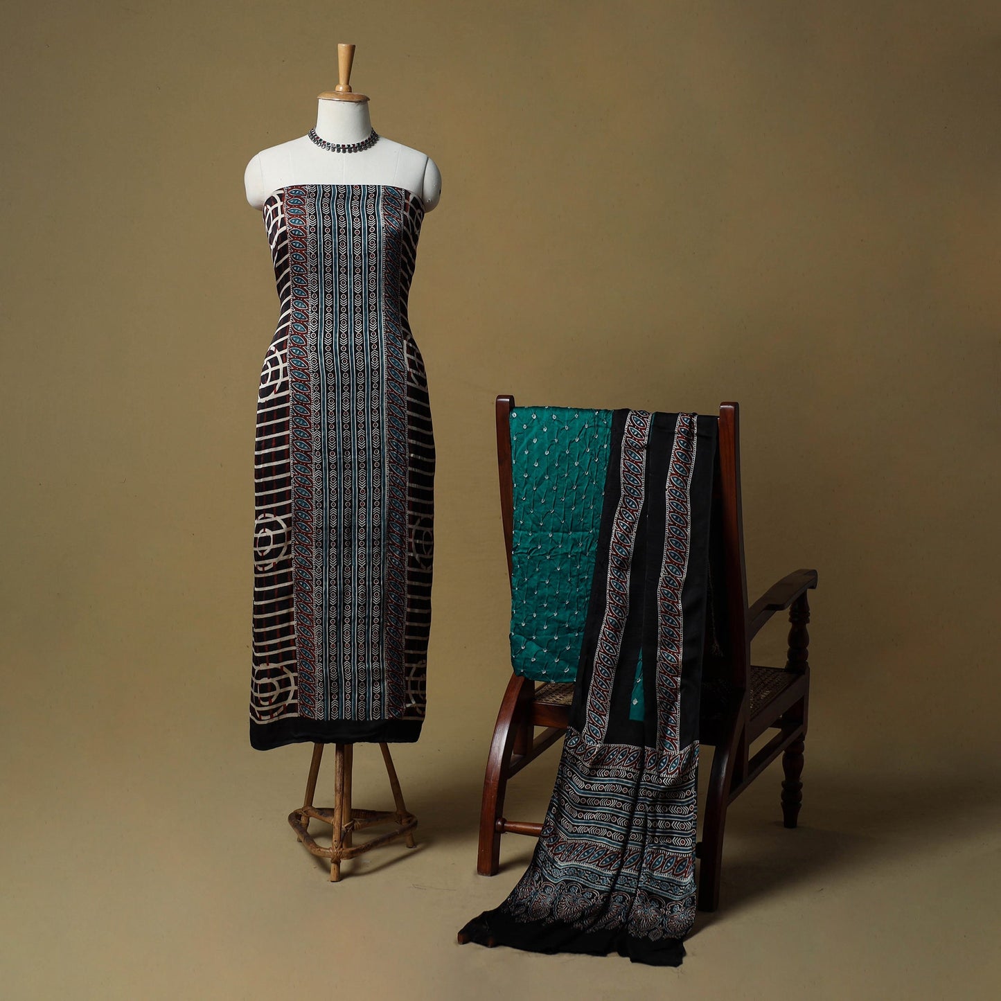 Ajrakh hand block print with bandhani modal silk natural