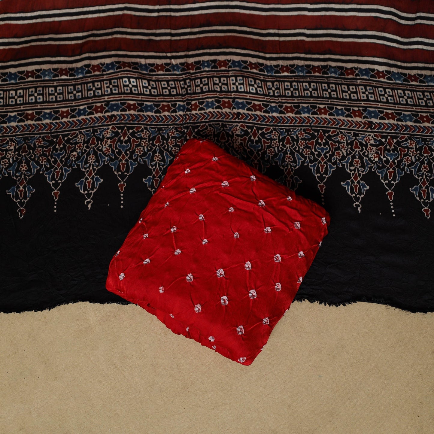 Ajrakh hand block print with bandhani modal silk natural
