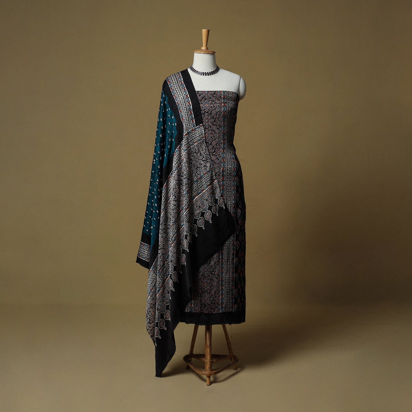 Ajrakh hand block print with bandhani modal silk natural