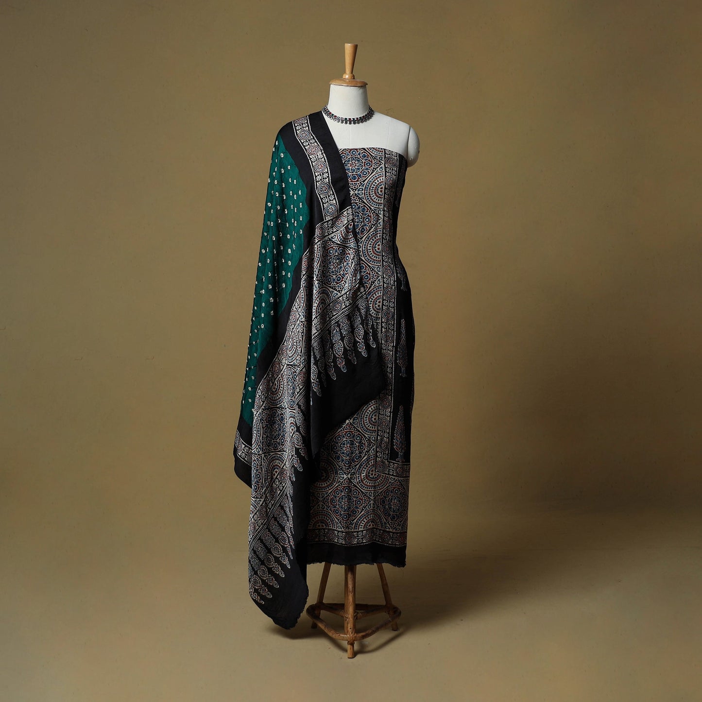 Ajrakh hand block print with bandhani modal silk natural