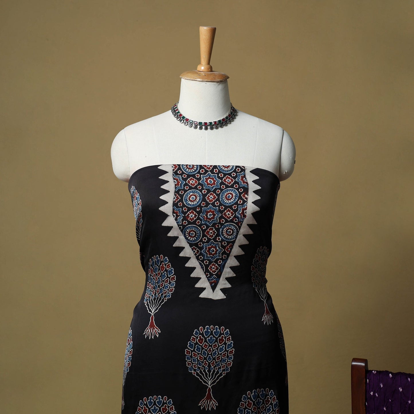 Ajrakh hand block print with bandhani modal silk natural