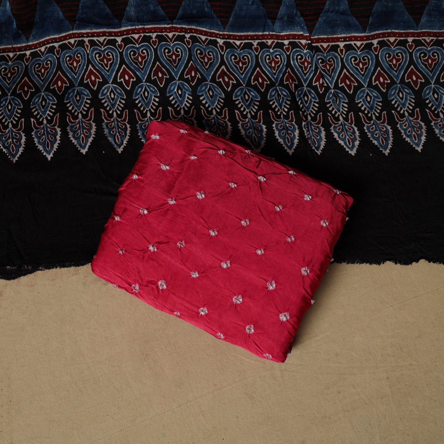Ajrakh hand block print with bandhani modal silk natural