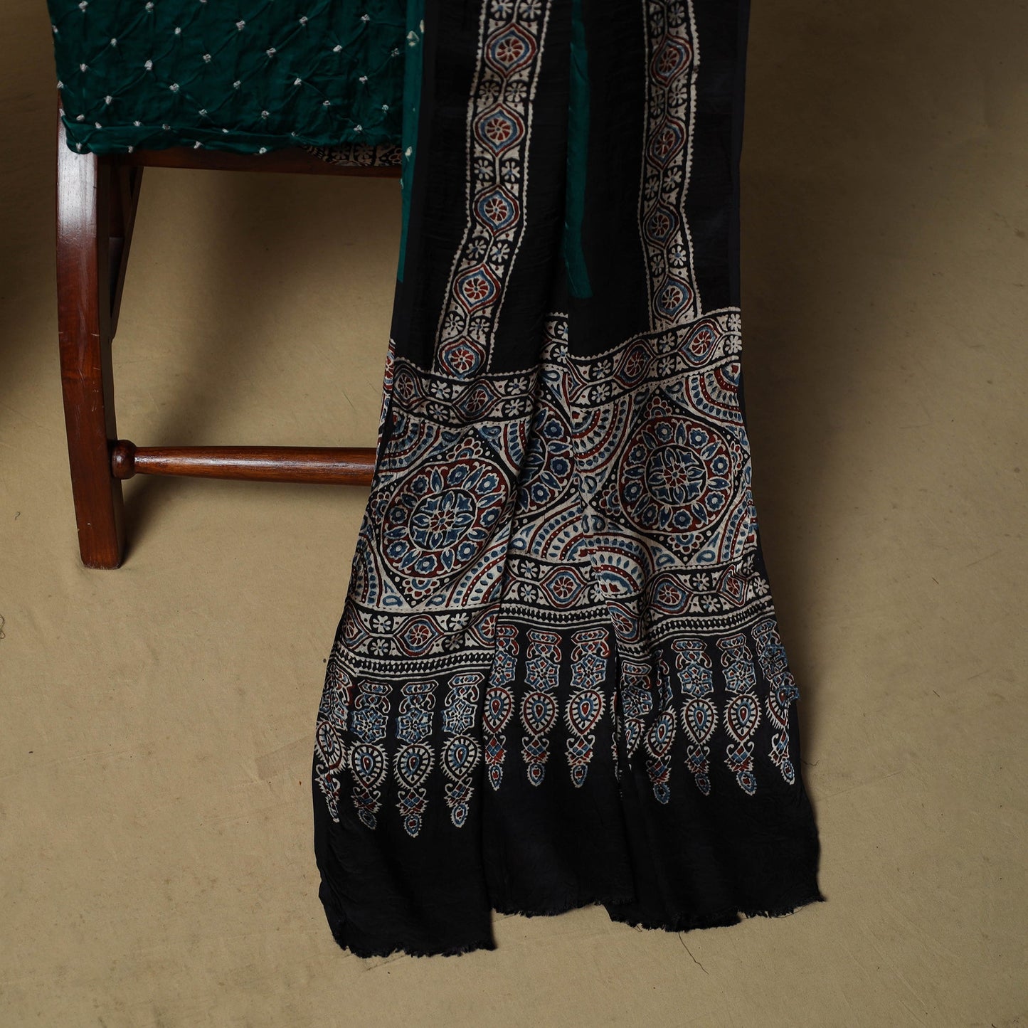 Ajrakh hand block print with bandhani modal silk natural