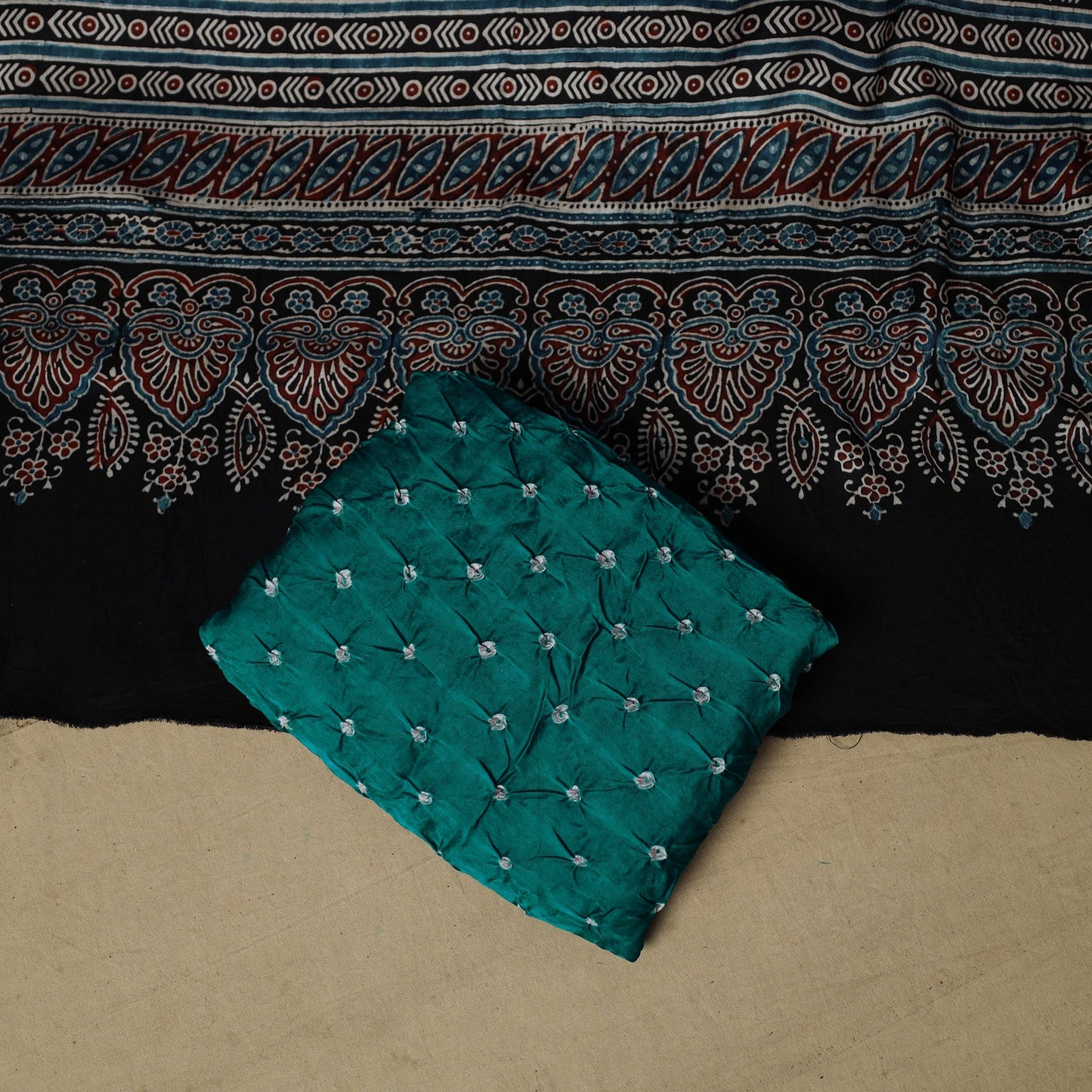 Ajrakh hand block print with bandhani modal silk natural