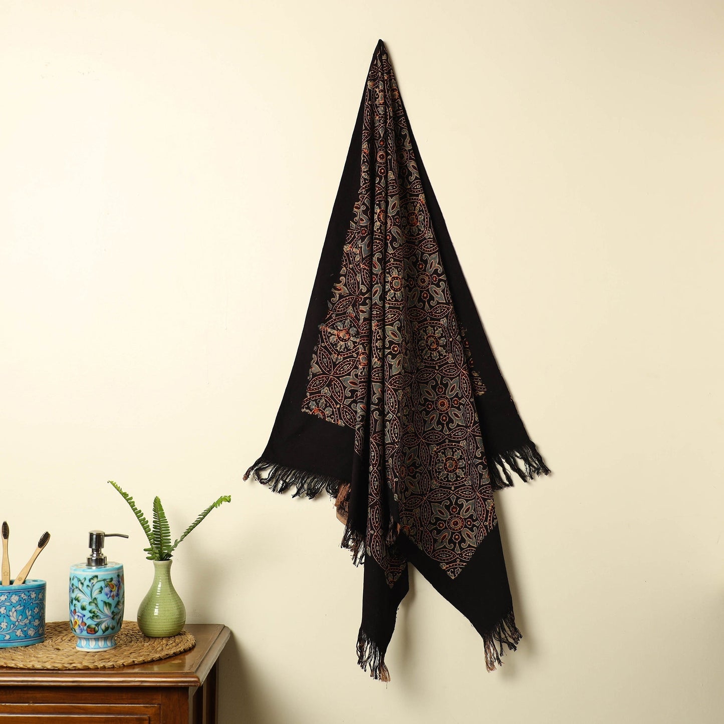 Black Handloom Block Print Cotton Ajrakh Towel