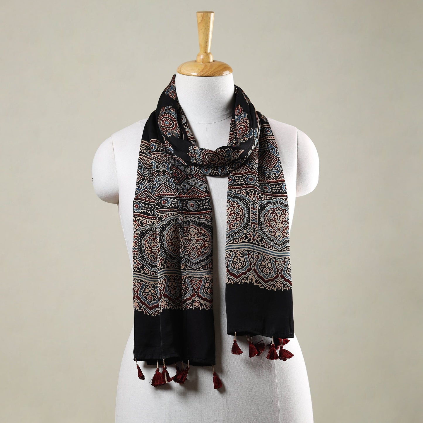 Ajrakh Hand Block Printed Modal Silk Stole with Tassels