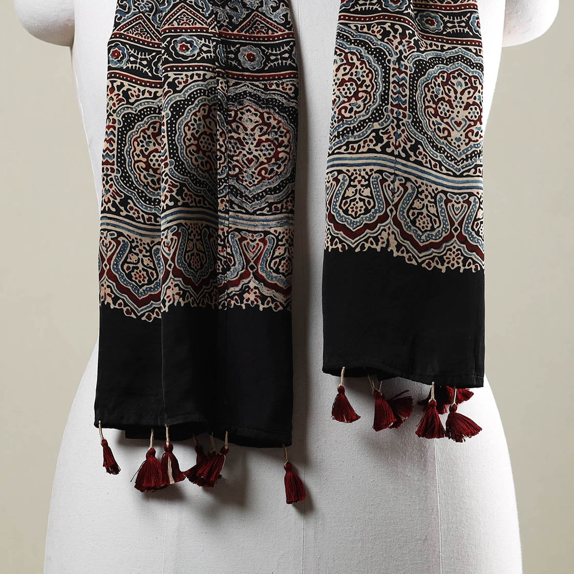 Ajrakh Hand Block Printed Modal Silk Stole with Tassels