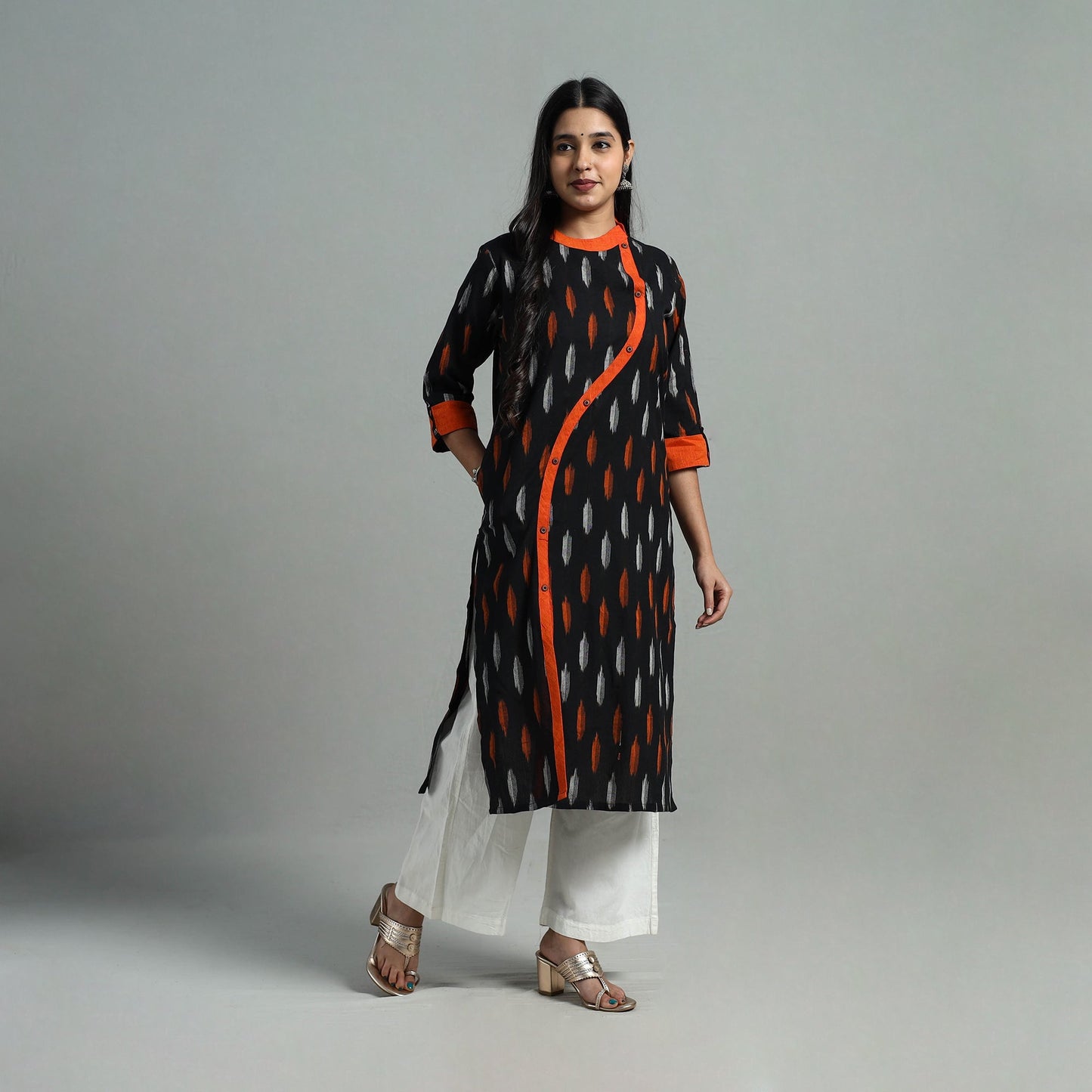 Buy Black Angrakha Cotton Straight Pochampally Ikat Kurta