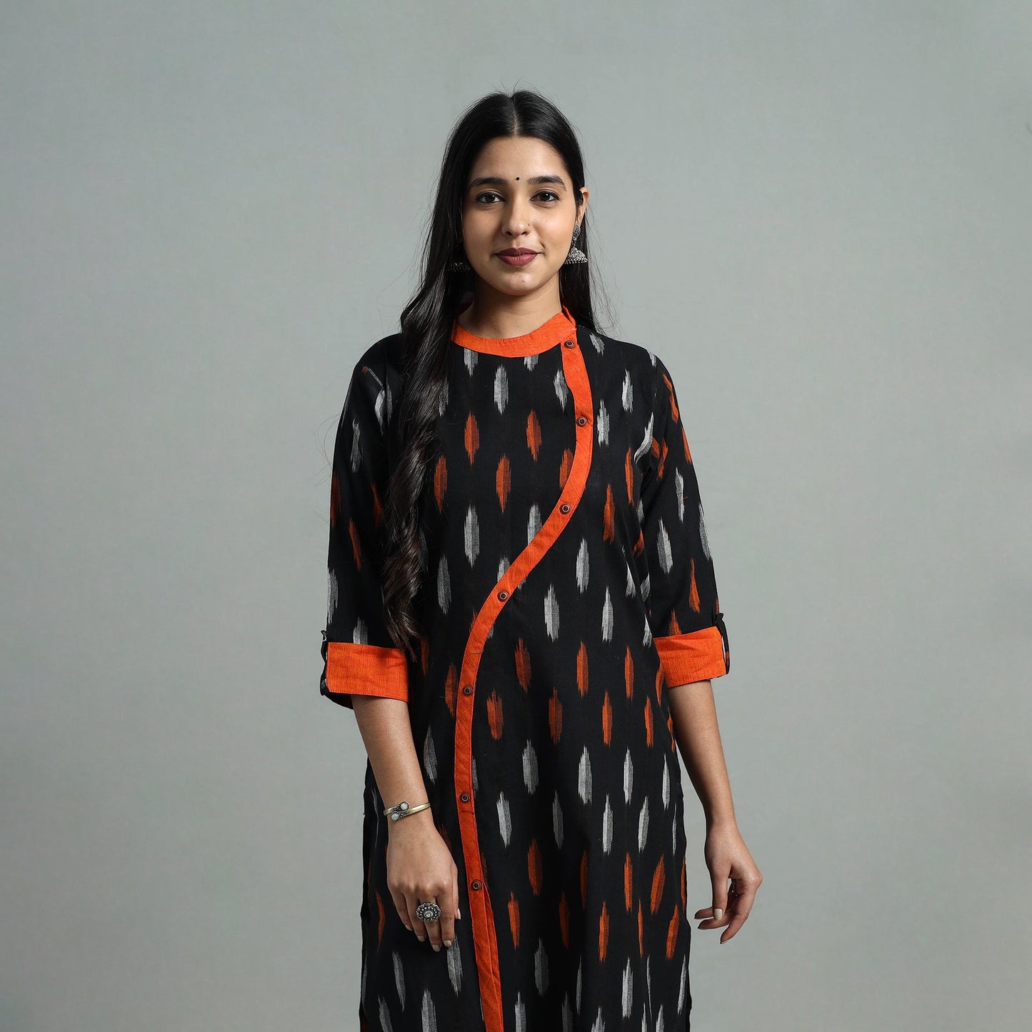 Buy Black Angrakha Cotton Straight Pochampally Ikat Kurta