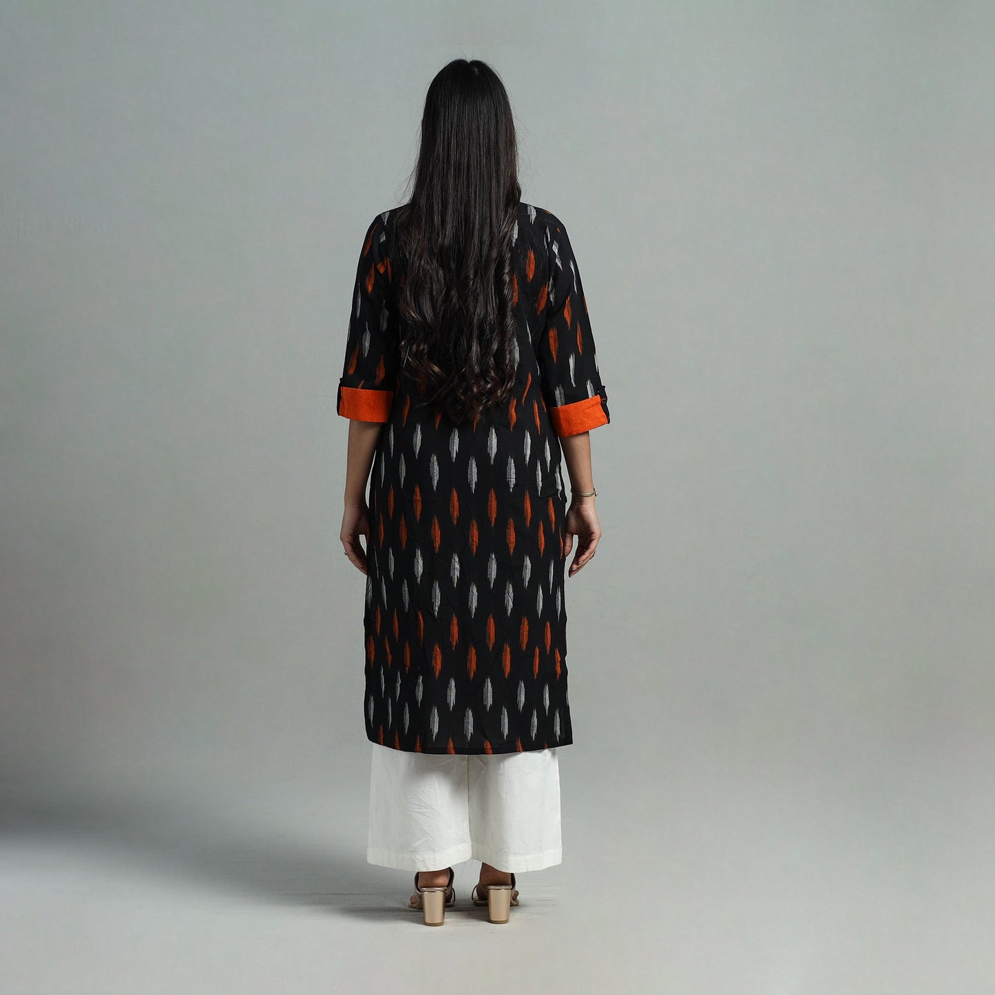 Buy Black Angrakha Cotton Straight Pochampally Ikat Kurta
