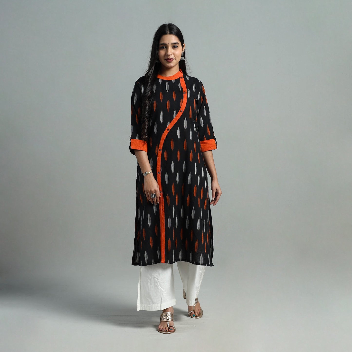 Buy Black Angrakha Cotton Straight Pochampally Ikat Kurta