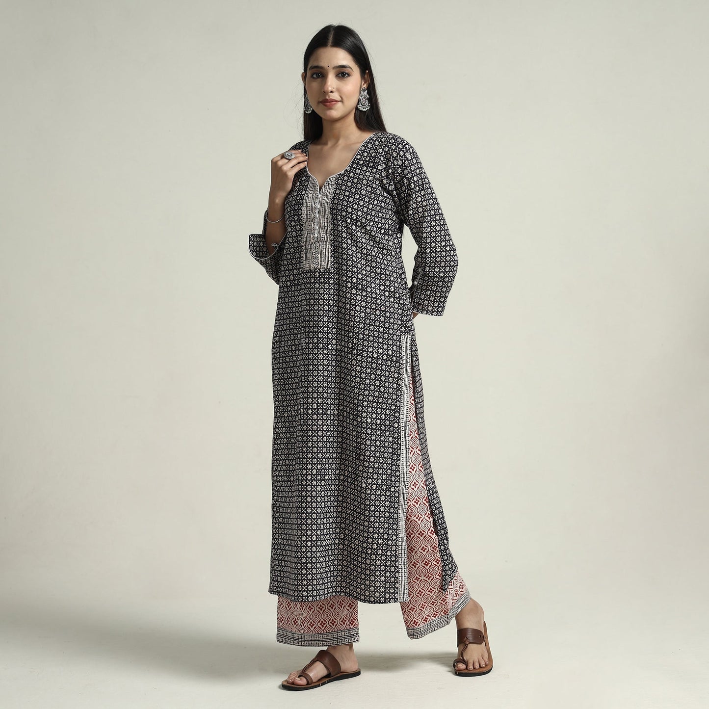 Bagh Block Printed Cotton Kurta with Palazzo & Dupatta Set 09