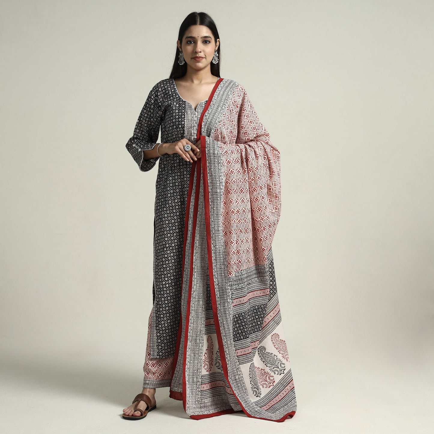 Bagh Block Printed Cotton Kurta with Palazzo & Dupatta Set 09