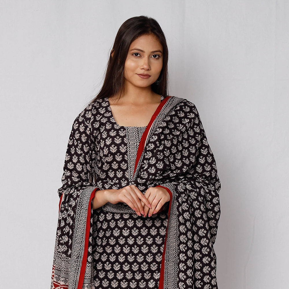 Bagh Block Printed Cotton Long Kurta with Palazzo & Dupatta Set Online l iTokri.com