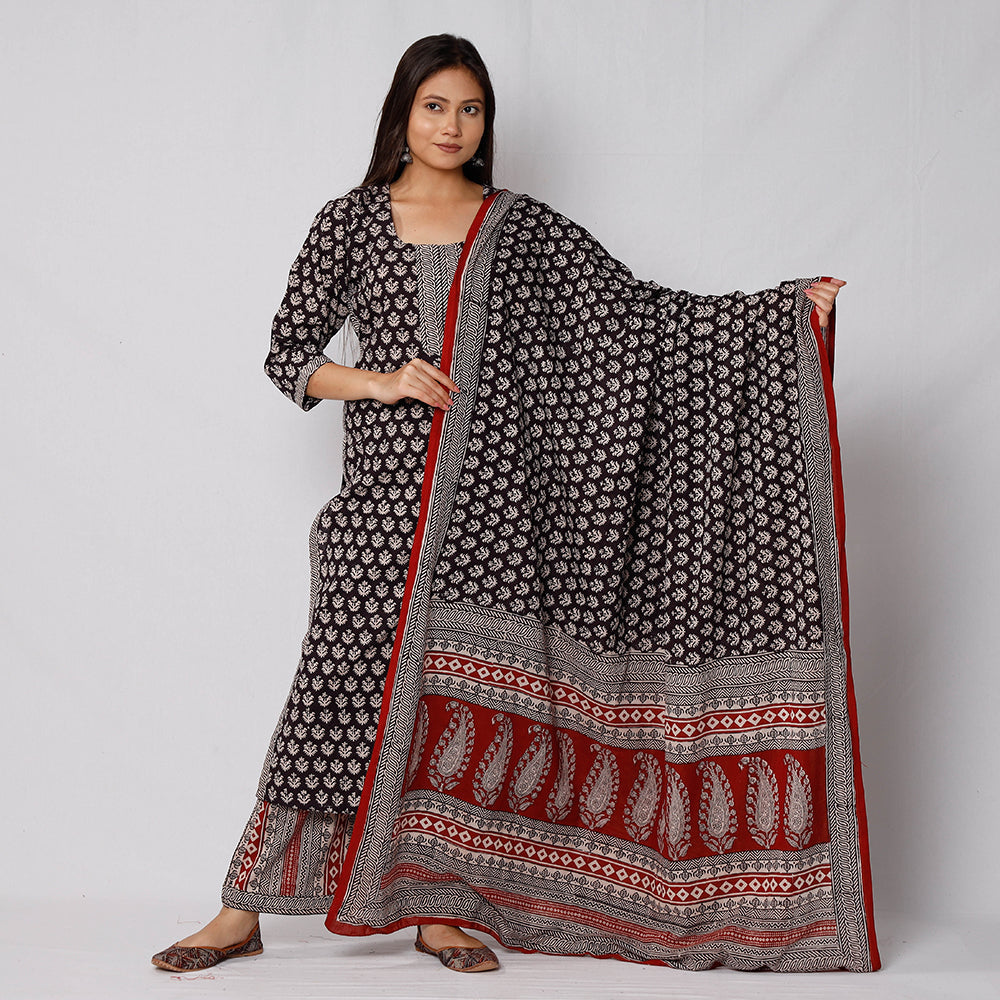Bagh Block Printed Cotton Long Kurta with Palazzo & Dupatta Set Online l iTokri.com