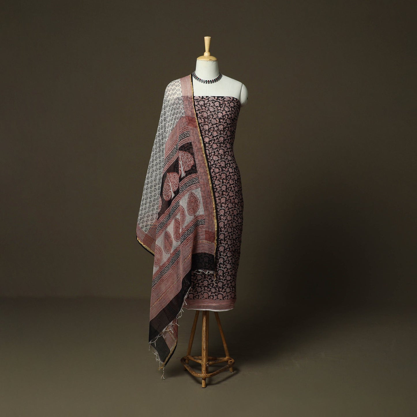 Bagh hand block print natural dyed kota doria cotton 3pc
