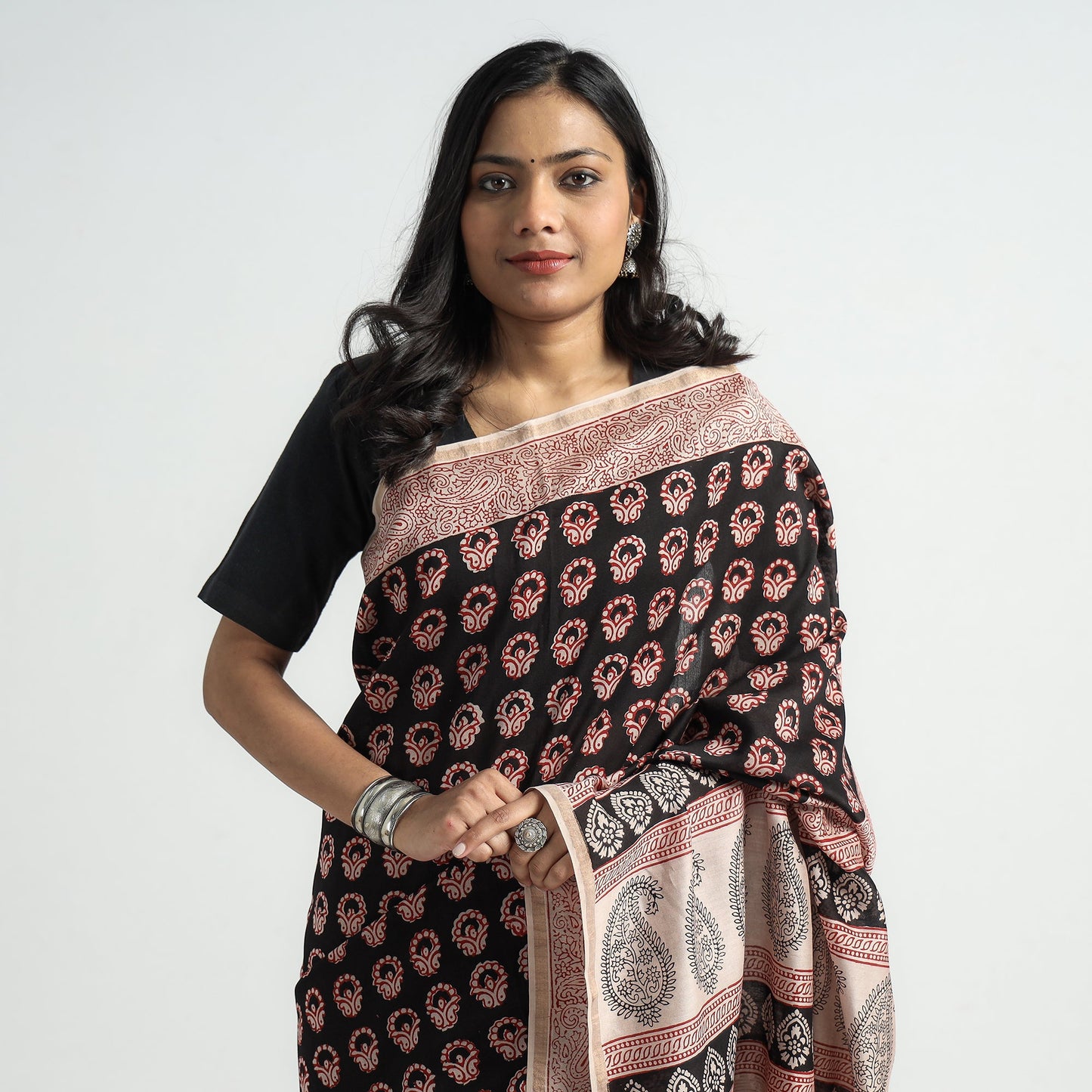 Black Bagh Hand Block Printed Natural Dyed Chanderi Silk Saree