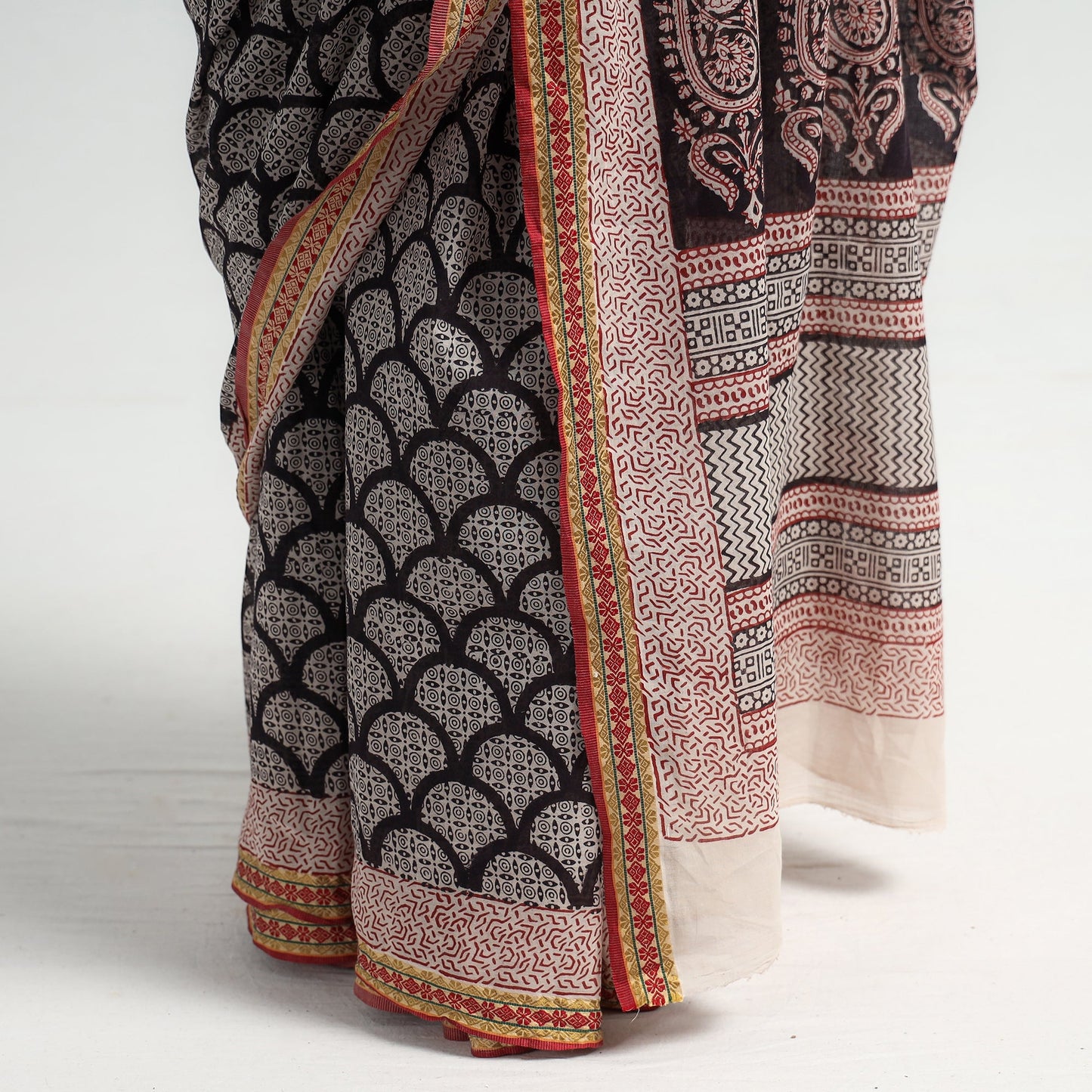 Black Bagh Hand Block Printed Natural Dyed Cotton Saree with Zari Border