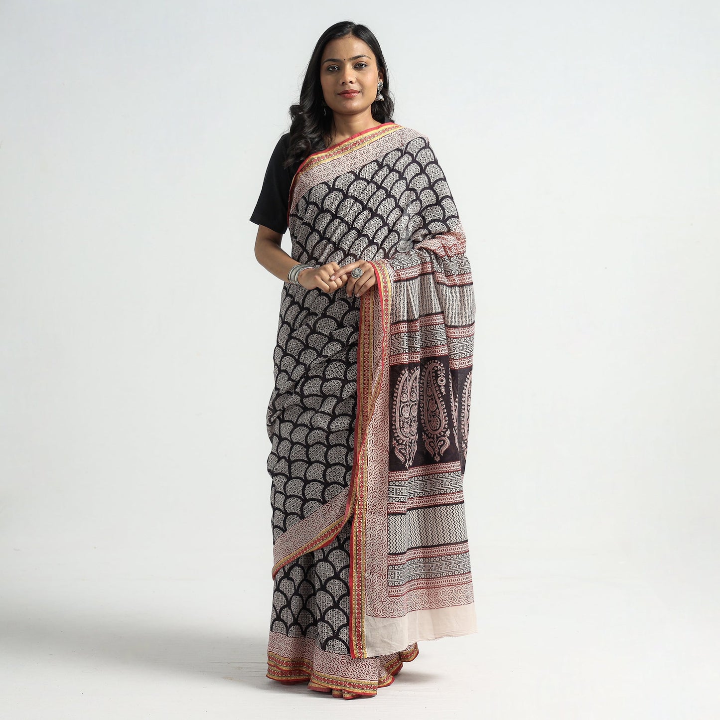 Black Bagh Hand Block Printed Natural Dyed Cotton Saree with Zari Border