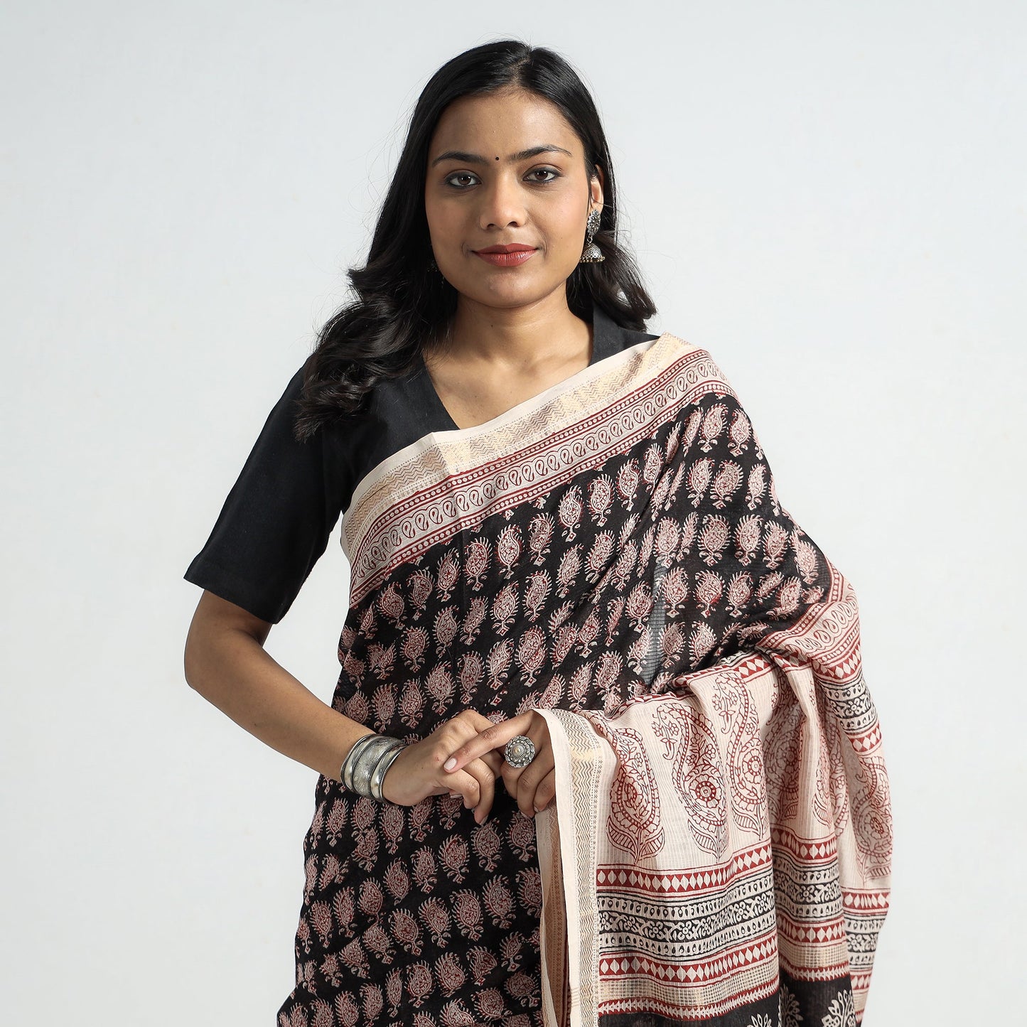 Black Bagh Hand Block Printed Natural Dyed Maheshwari Silk Saree