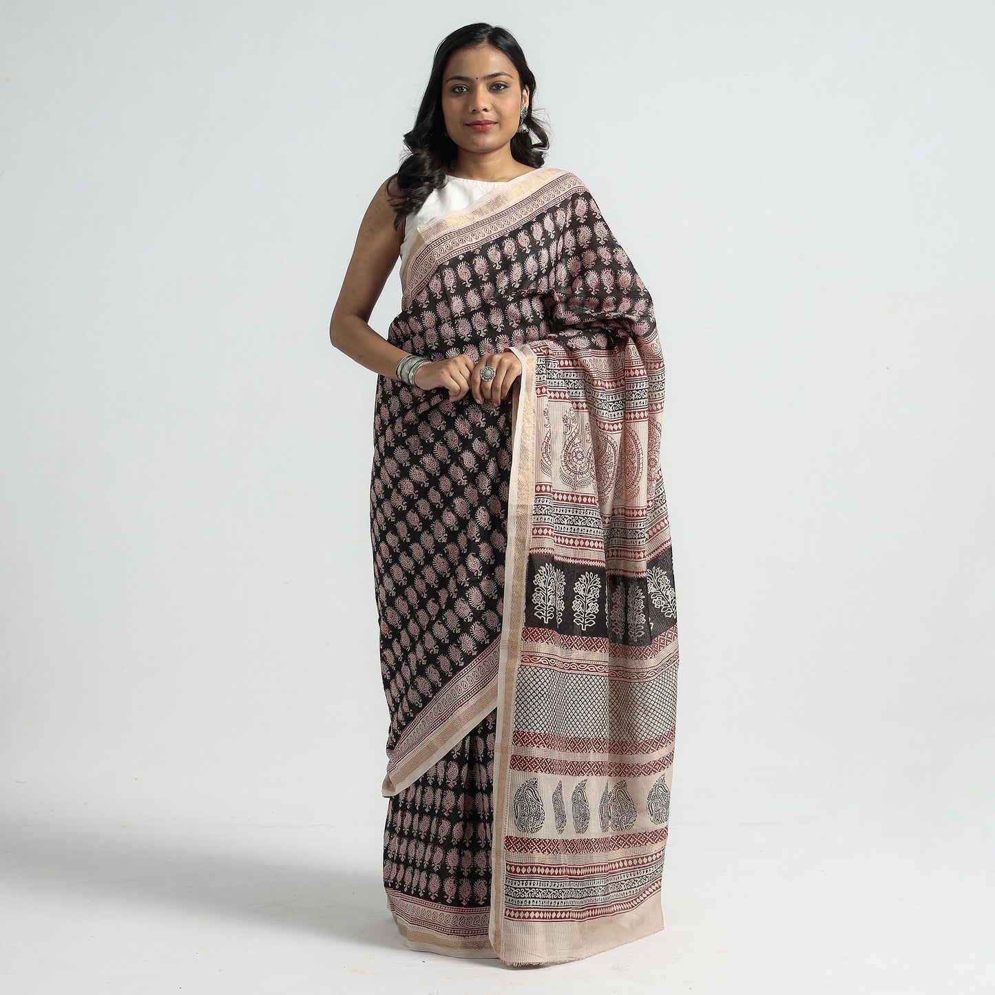 Black Bagh Hand Block Printed Natural Dyed Maheshwari Silk Saree