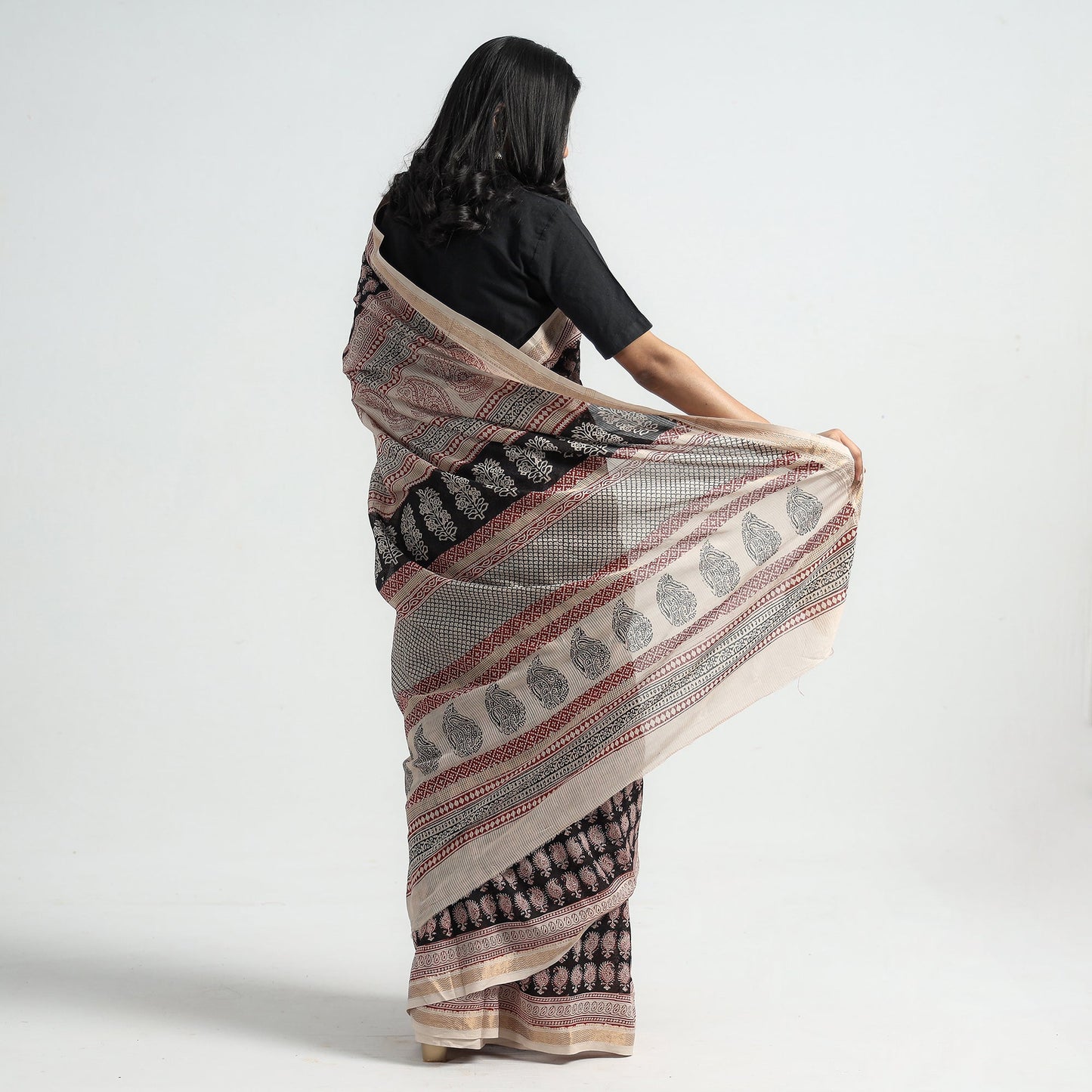 Black Bagh Hand Block Printed Natural Dyed Maheshwari Silk Saree