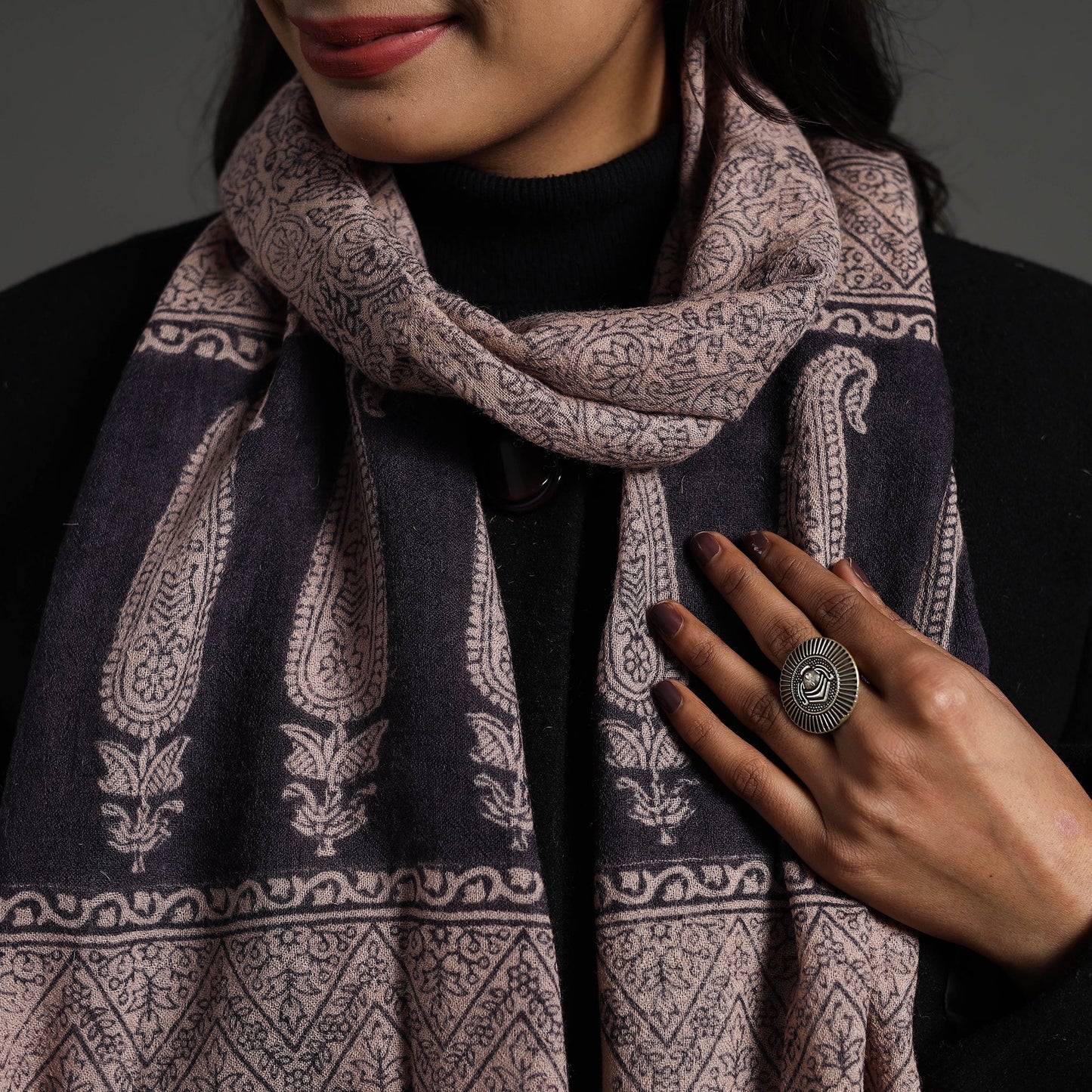 Black Bagh Hand Block Printed Woollen Stole