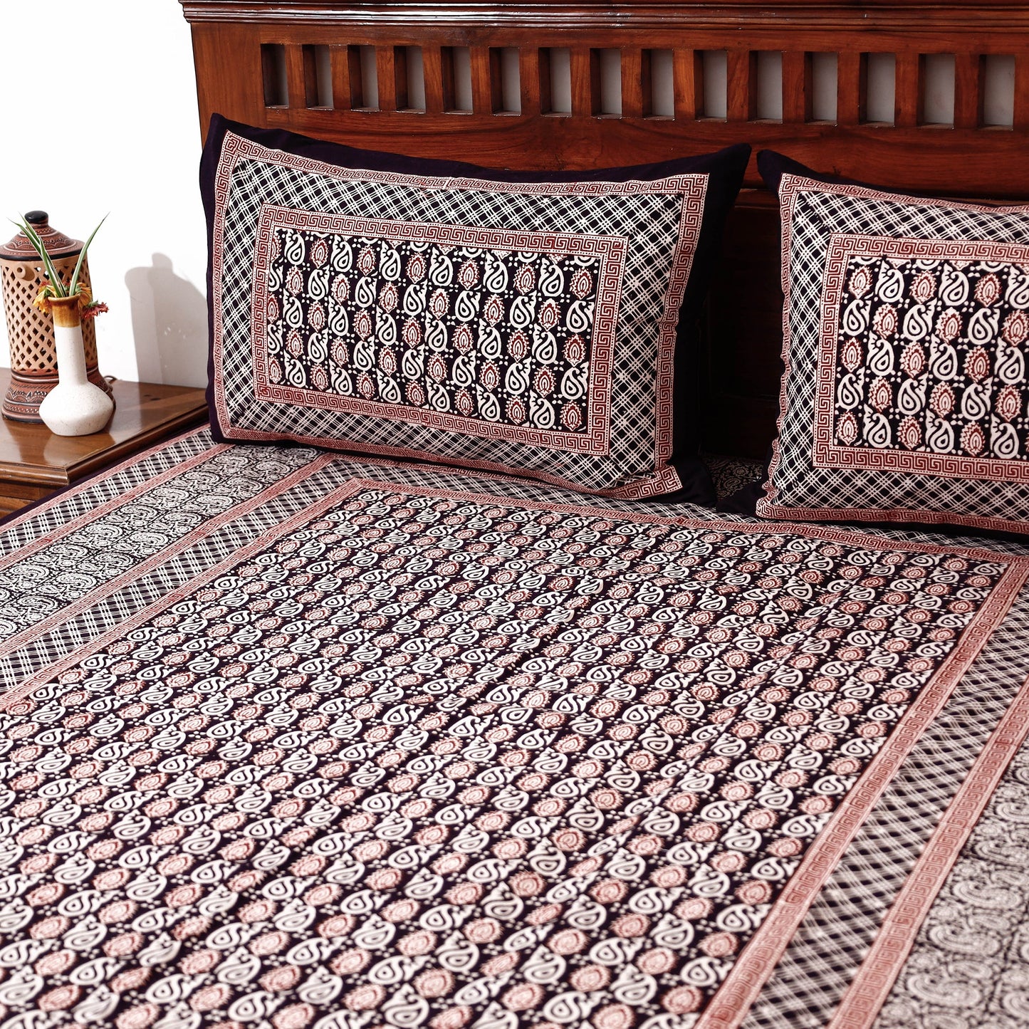 Bagh Block Printed Cotton Single Bed Cover with Pillow Covers