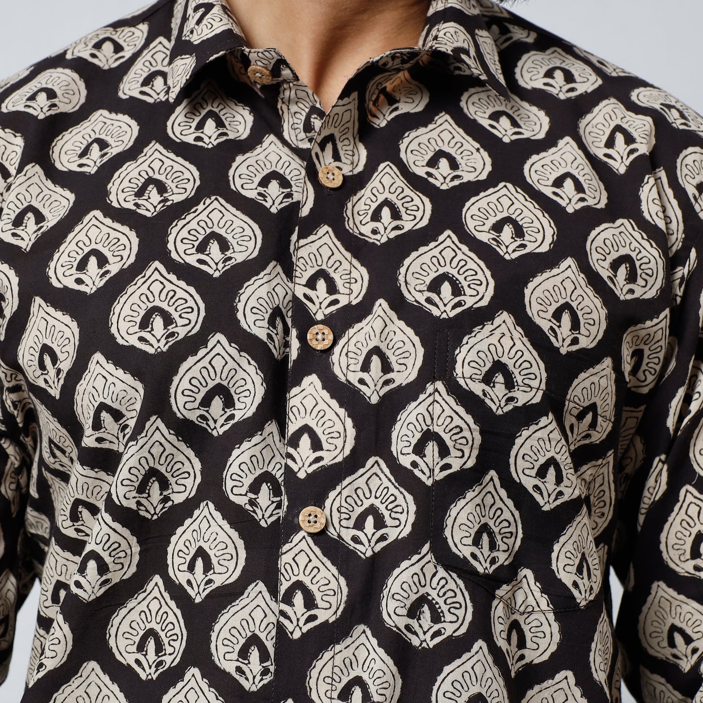 Black Bagru Block Printed Cotton Men Full Sleeve Shirt