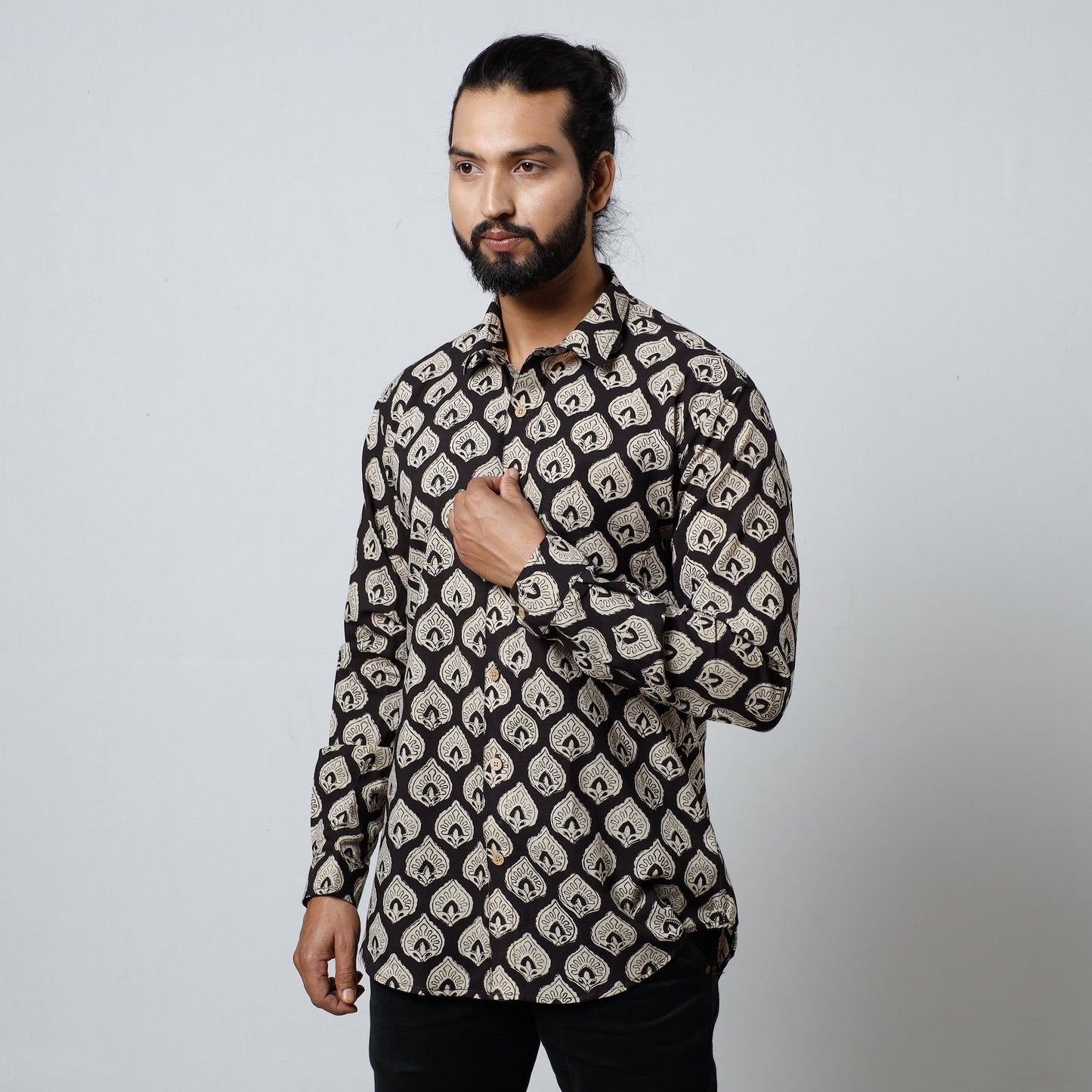 Black Bagru Block Printed Cotton Men Full Sleeve Shirt