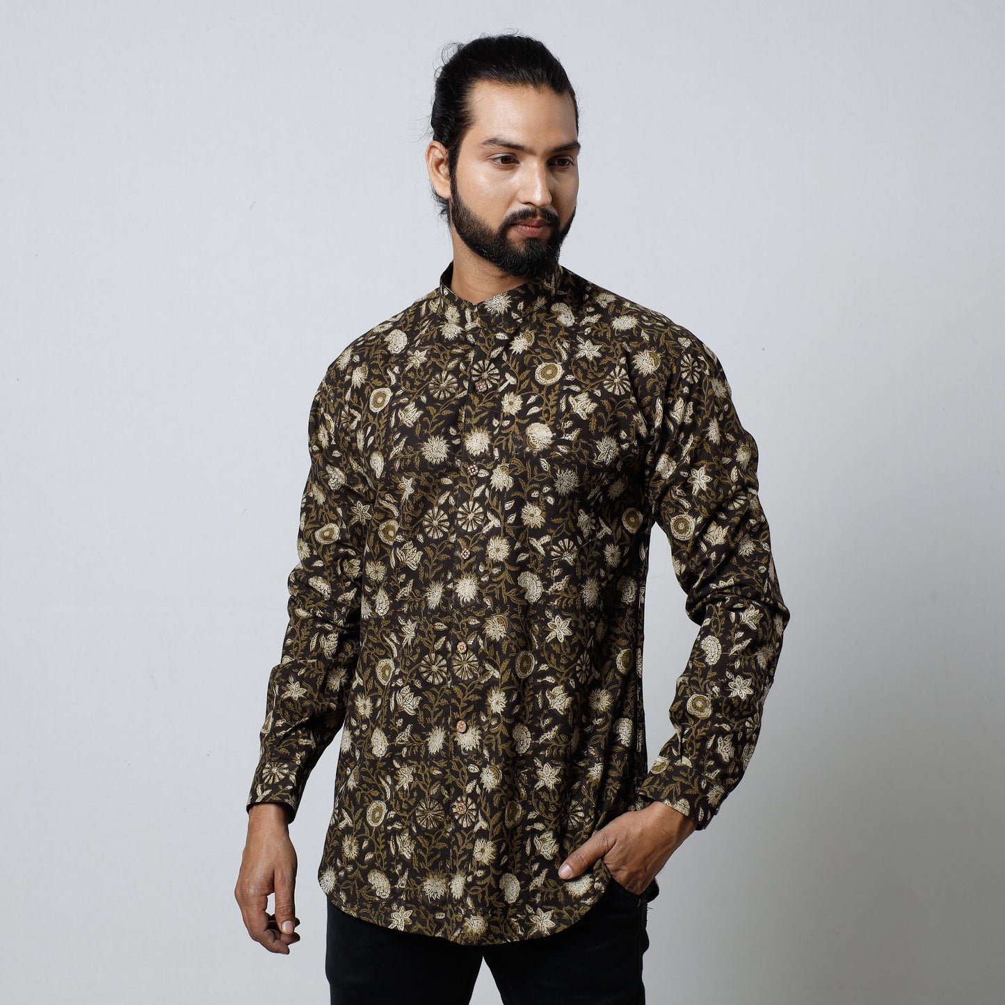 Black Bagru Block Printed Cotton Men Full Sleeve Shirt