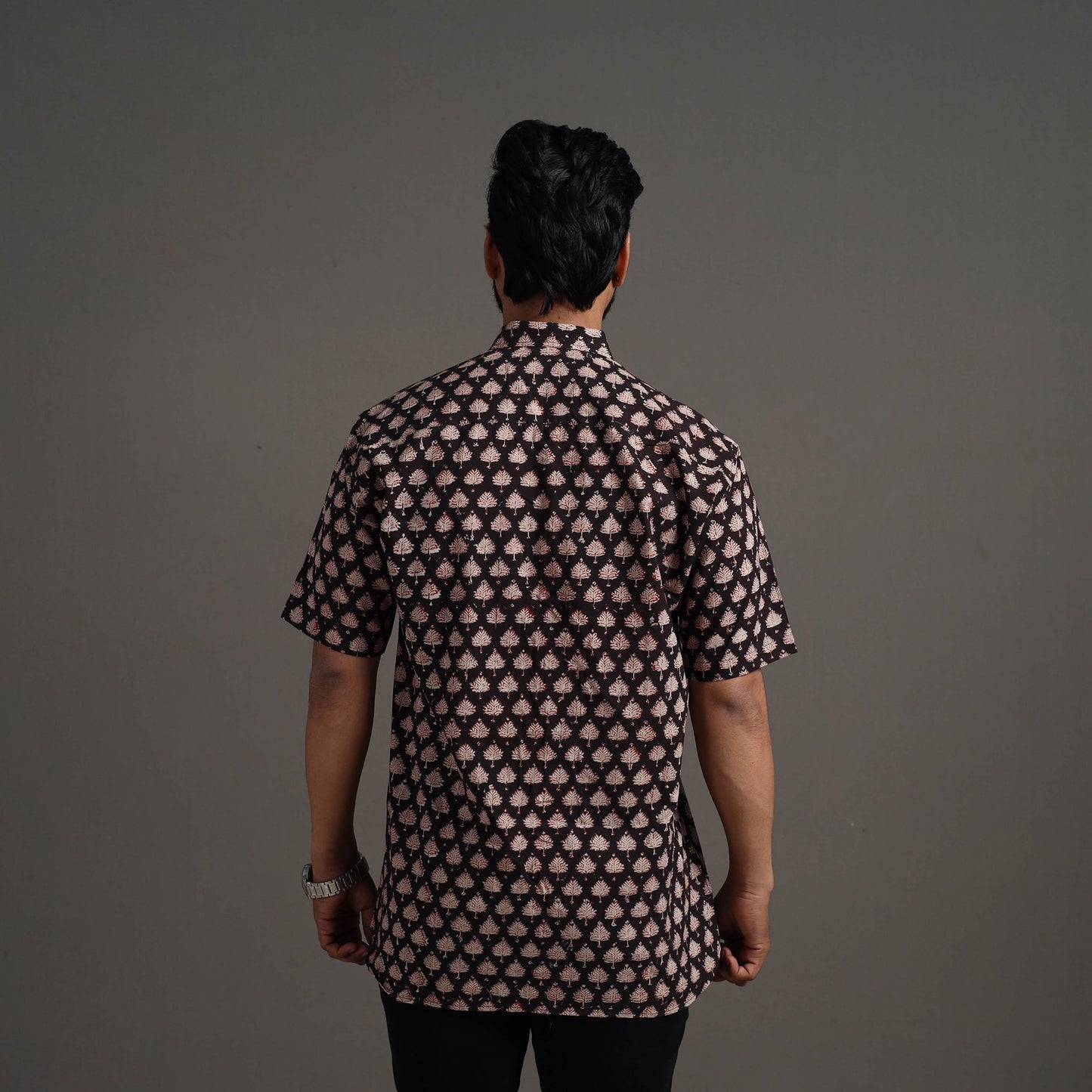 Black Bagru Block Printed Cotton Men Half Sleeve Shirt
