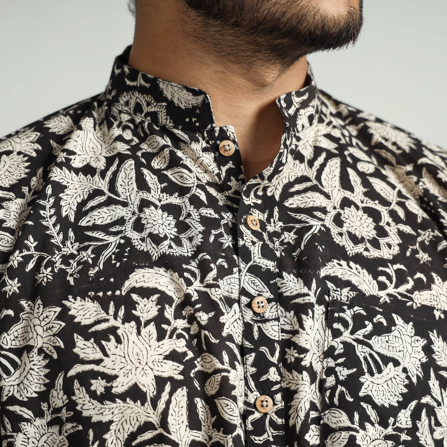 Black - Bagru Block Printed Cotton Men Short Kurta