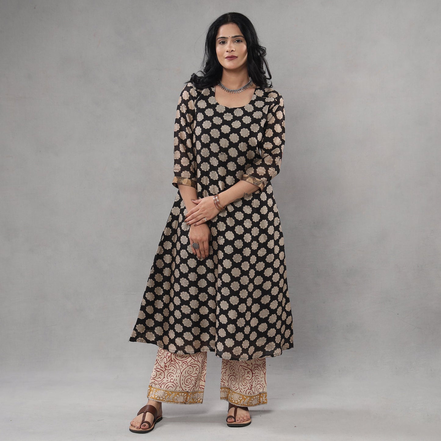 Black - bagru printing maheshwari silk kurta with palazzo &