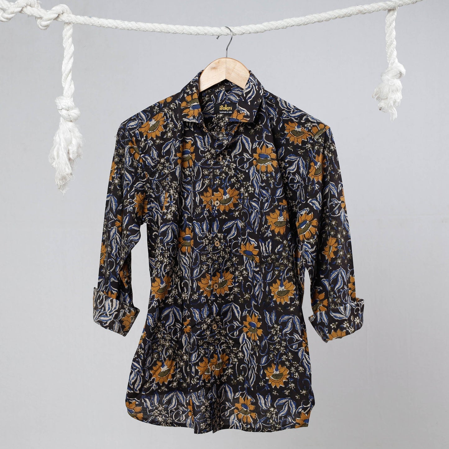 Black Bagru Dabu Block Printed Cotton Men Full Sleeve Shirt
