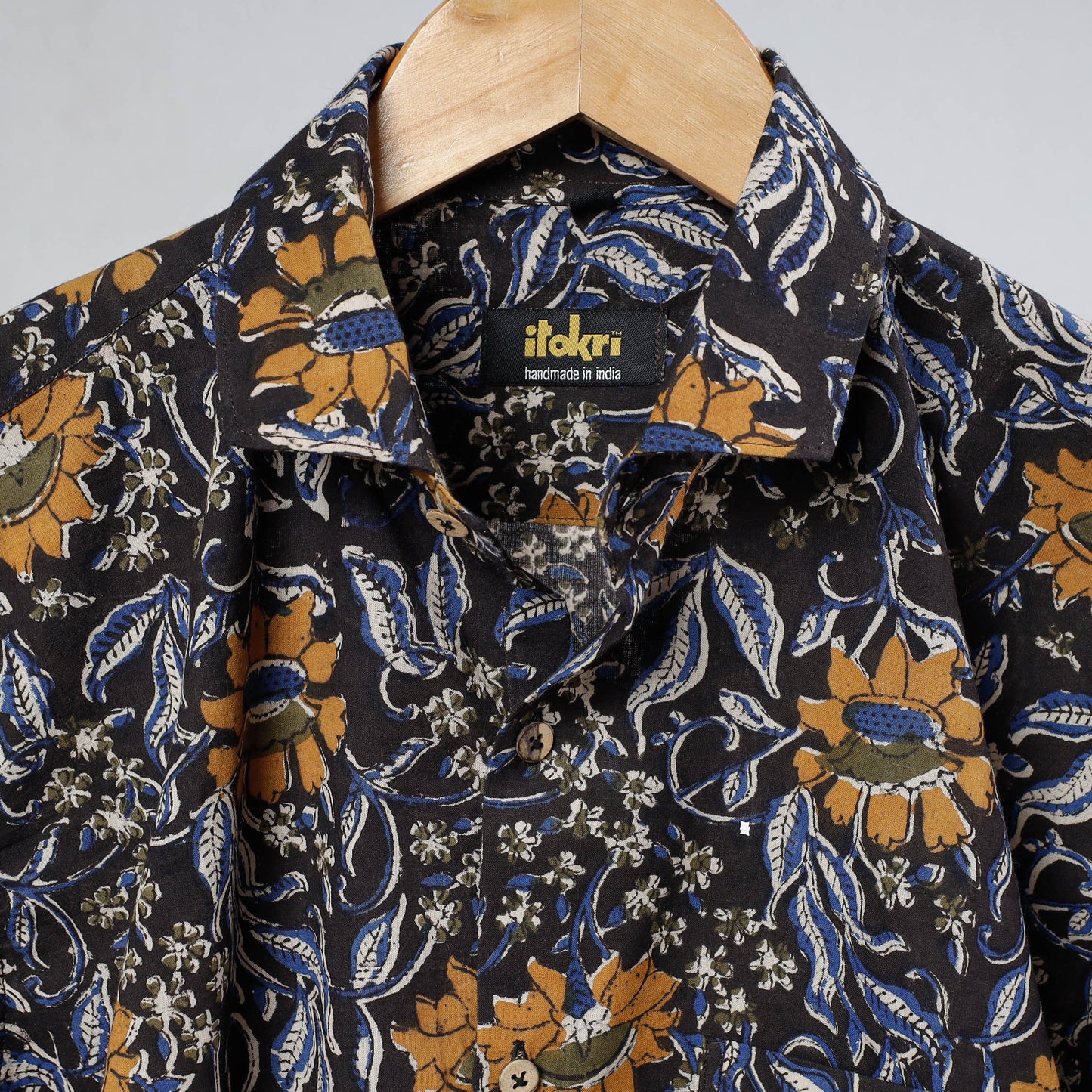Black Bagru Dabu Block Printed Cotton Men Full Sleeve Shirt