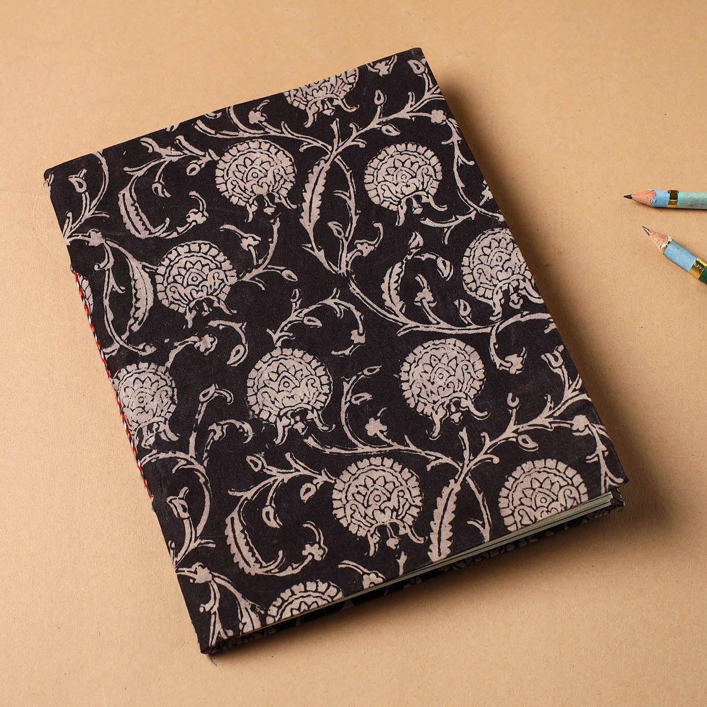 Black Bagru Fabric Cover Handmade Paper Notebook