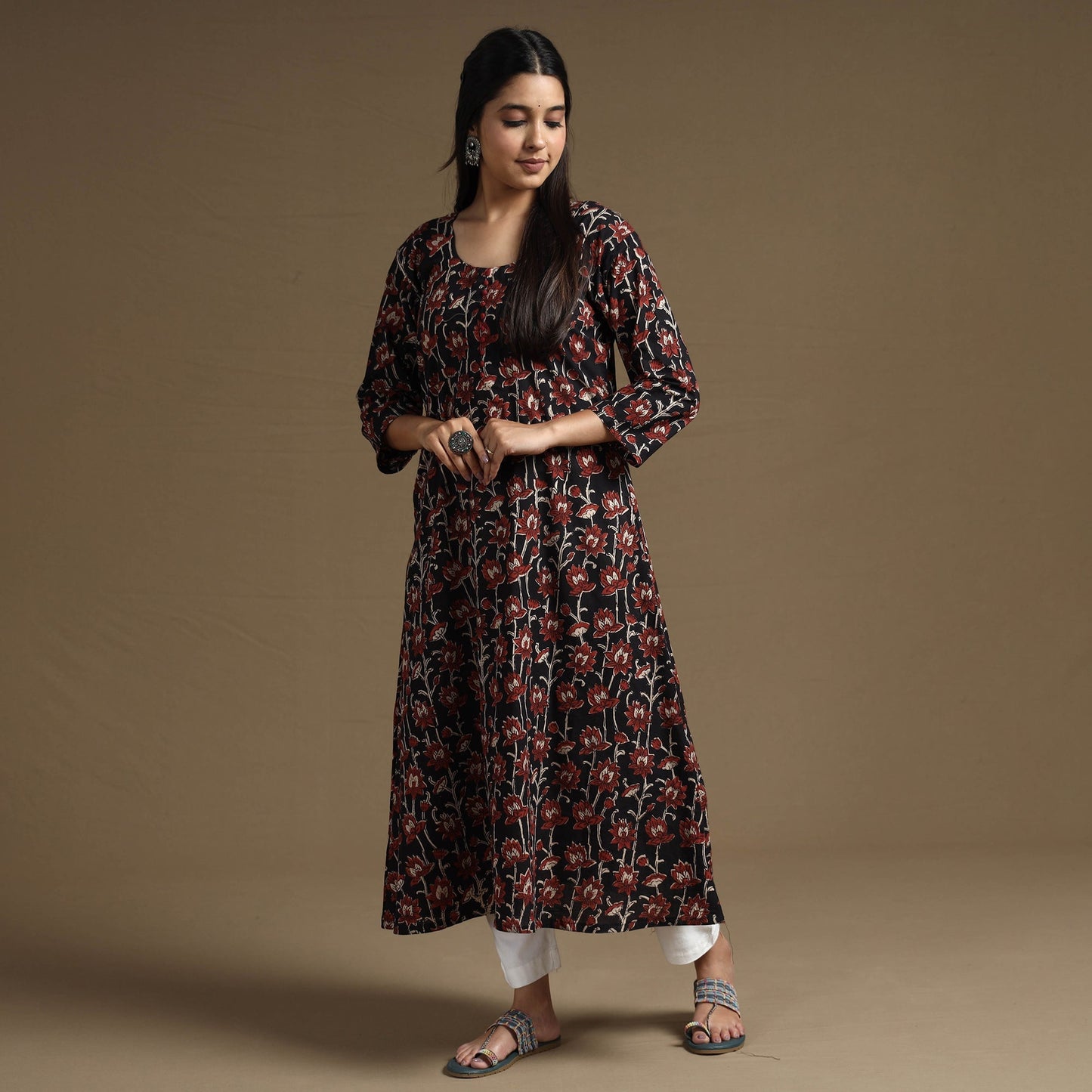 Bagru Hand Block Printed Cotton Long Kurta for Women