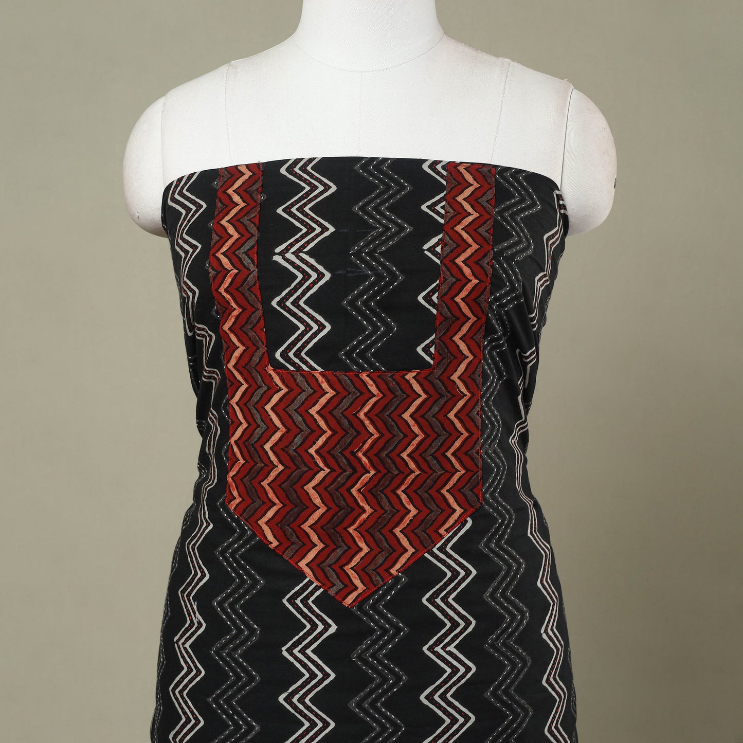 Buy Black Bagru Print Patchwork Cotton Kurta Material