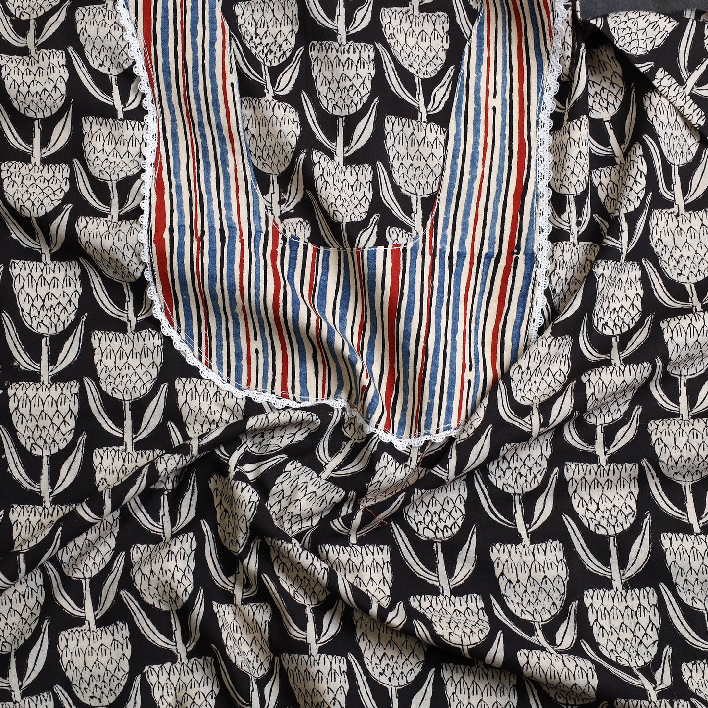 Black Bagru Print Patchwork Cotton Kurta Material