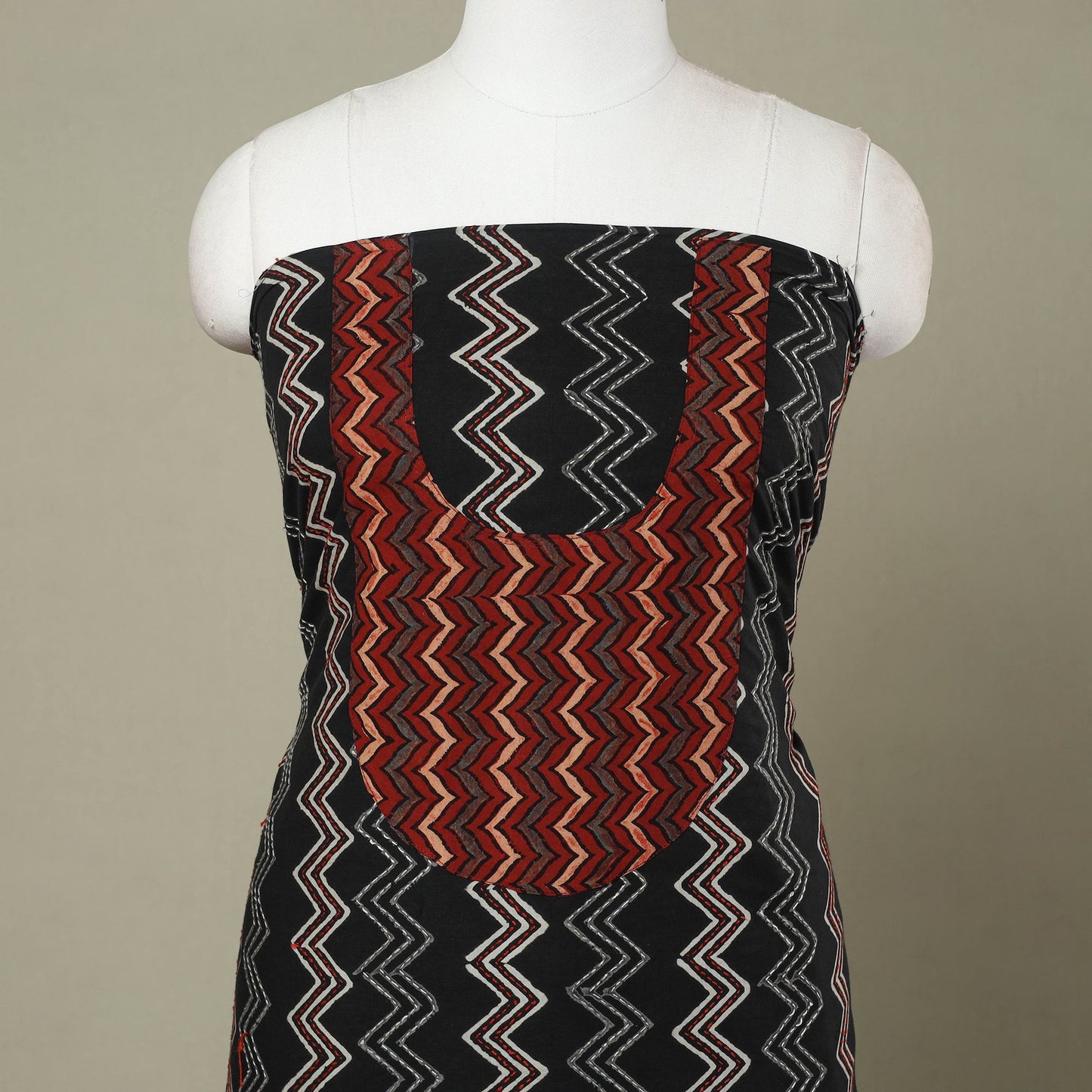 Buy Black Bagru Print Patchwork Cotton Kurta Material