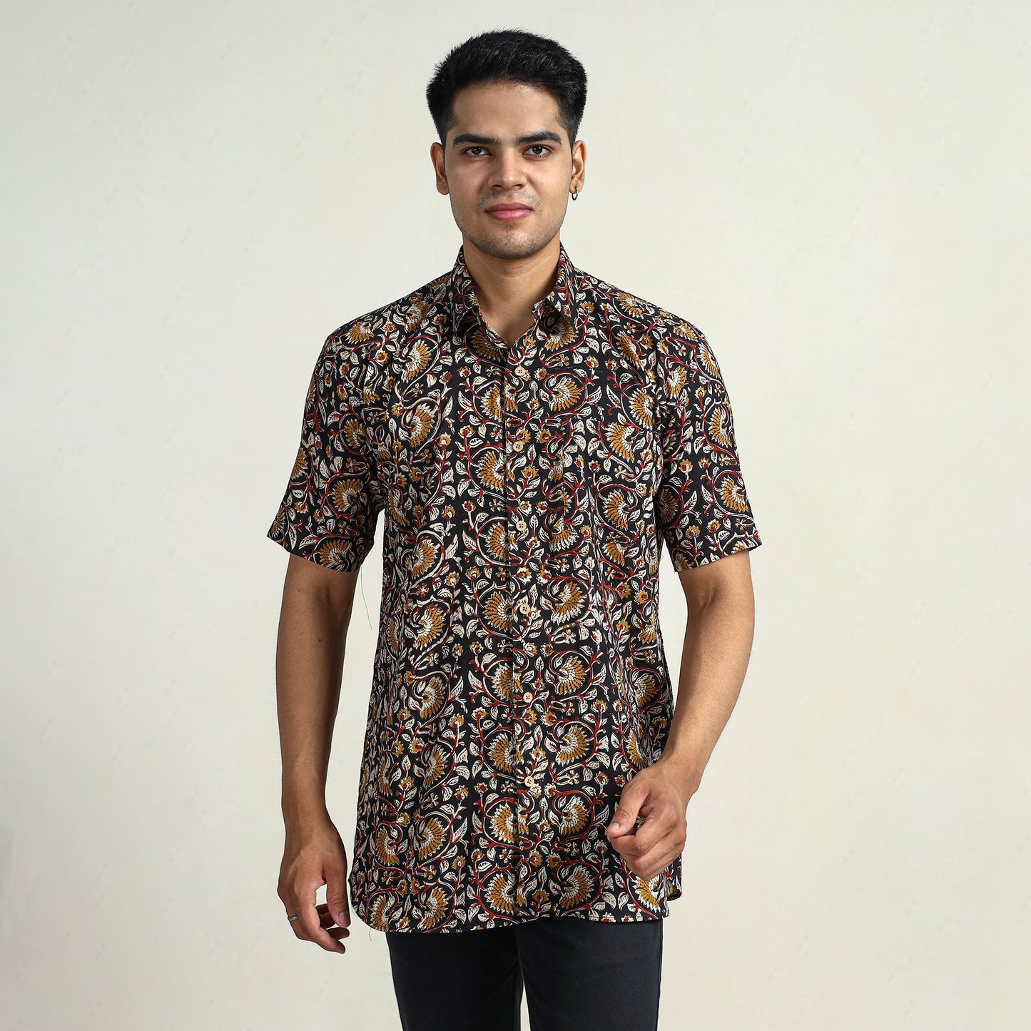 Black Bagru Block Printed Cotton Men Half Sleeve Shirt