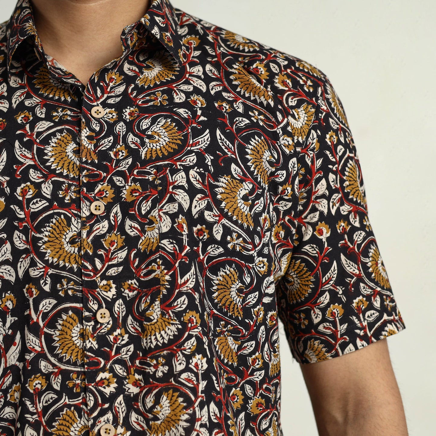 Black Bagru Block Printed Cotton Men Half Sleeve Shirt