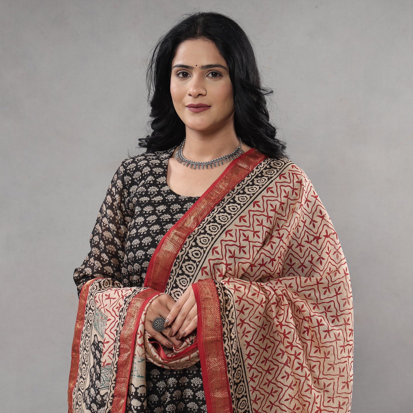 Bagru Block Printing Maheshwari Silk Kurta with Palazzo & Dupatta Set
