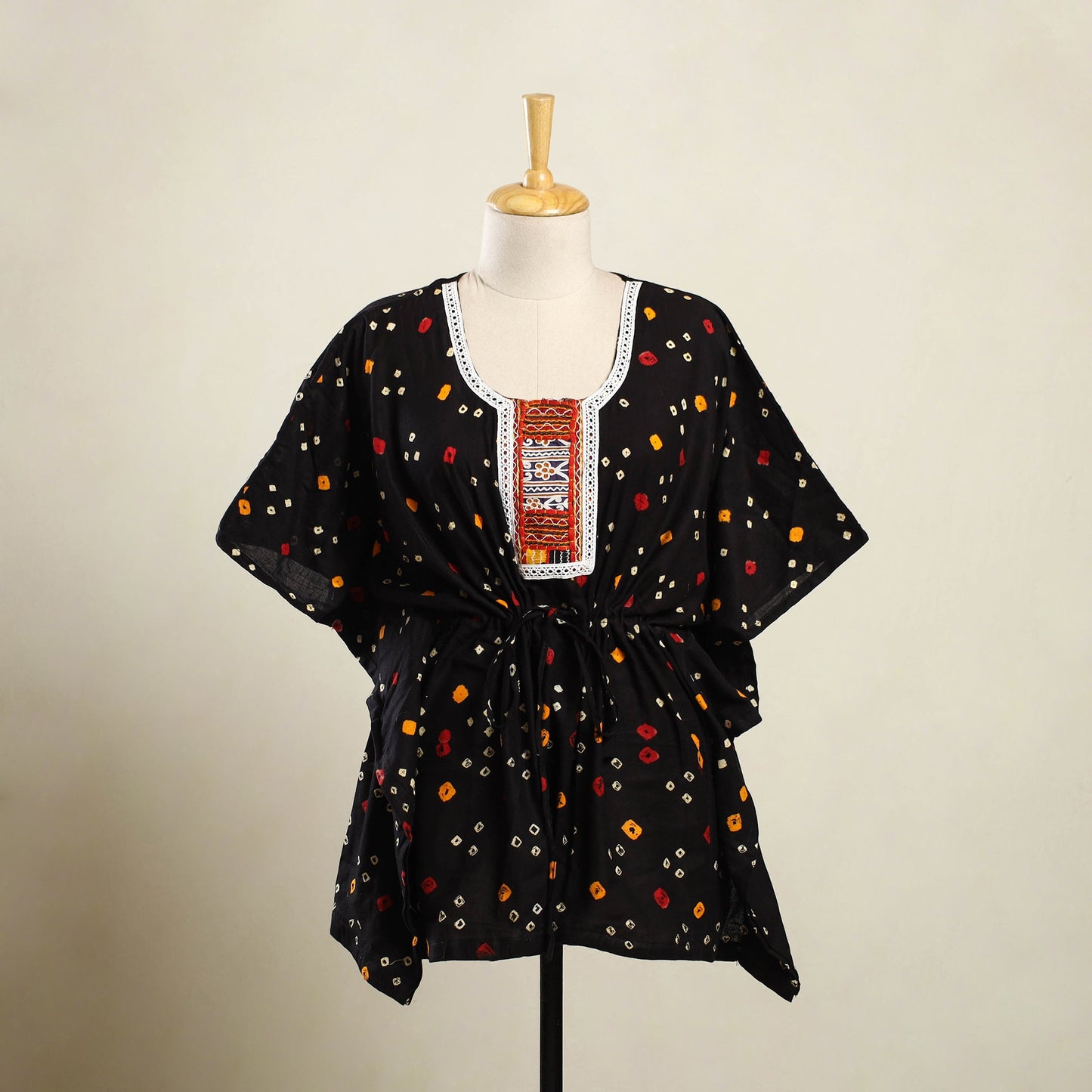 Black - bandhani cotton kaftan with desert embroidery